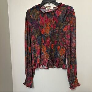 Natural Life Top Women's L Red Floral Shirred Cropped Boho Cottagecore Sheer